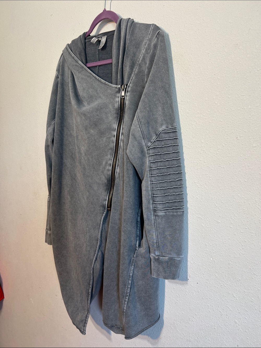 H&M Divided Washed Gray Asymmetrical Zip Up Hooded Jacket Grunge Moto Size XL - Picture 6 of 12
